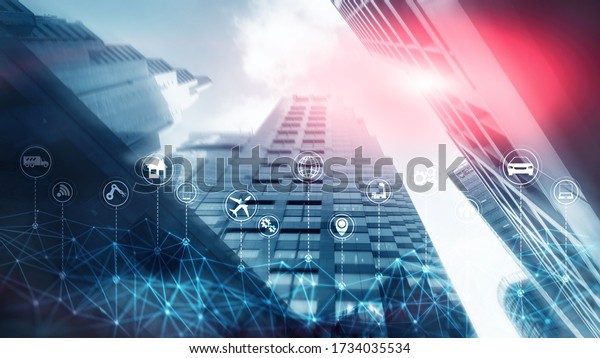 IoT Internet of Things. Abstract Futuristic Blue\
City. Smart city concept.