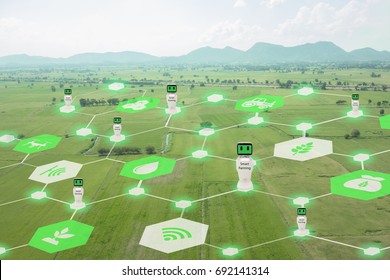 Iot, Internet Of Things, Agriculture Concept, Smart Robotic (artificial Intelligence/ Ai) Network Use For Management , Control , Monitoring, And Detect With The Sensor In The Farm, Field.