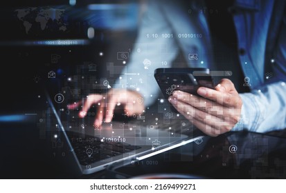 IoT, Internet of Things, digital marketing, E-commerce, global business, digital technology concept. Woman using mobile phone and laptop technology icons, online working - Powered by Shutterstock