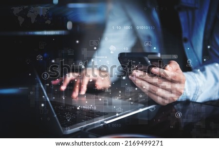 IoT, Internet of Things, digital marketing, E-commerce, global business, digital technology concept. Woman using mobile phone and laptop technology icons, online working