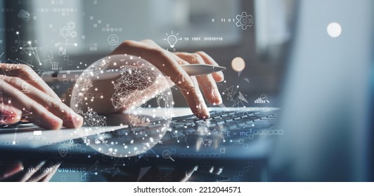 IoT, Internet of Things, Global network, Digital Technology concept. Person using laptop computer with global internet network connection and technology icons, digital marketing