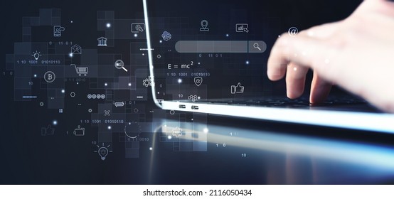 IoT, Internet Of Things, Online Marketing, Digital Technology And Business Concept. Woman Hand Typing On Laptop Computer Keyboard To Use Search Engine Optimization (SEO) Tools, Data Searching