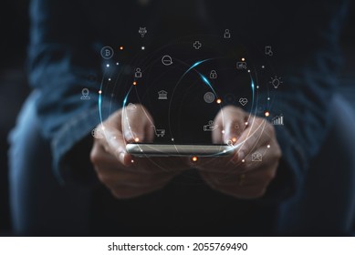 IoT, Internet of Things, online shopping, digital marketing, E-commerce, business and technology concept. Woman using mobile phone for online shopping and banking via mobile app, Pay Per Click (PPC)