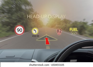 iot, internet of things smart car concepts, Head up display (HUD). Car use augmented reality to show the speed, navigation ,Fuel ,limit of speed ,direction.