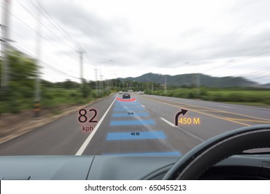 iot, internet of things smart car concepts, Head up display (HUD). Car use augmented reality to show the speed, navigation ,the distance between the car .