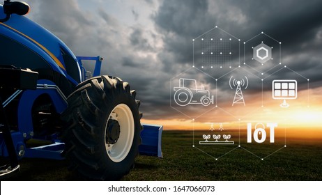 IOT Smart Farming, Agriculture In Industry With Artificial Intelligence And Machine Learning Concept.Automatic Tractor Using Carrier-phase Differential GPS. Smart Technology 4.0 Or Society 5.0