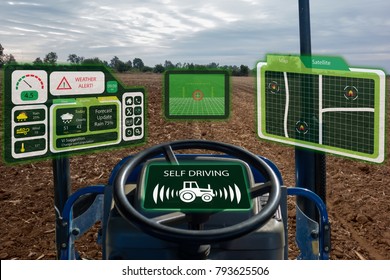 iot smart industry robot 4.0 agriculture concept,industrial agronomist,farmer using autonomous tractor with self driving technology , augmented mixed virtual reality to collect, access, analyze soil