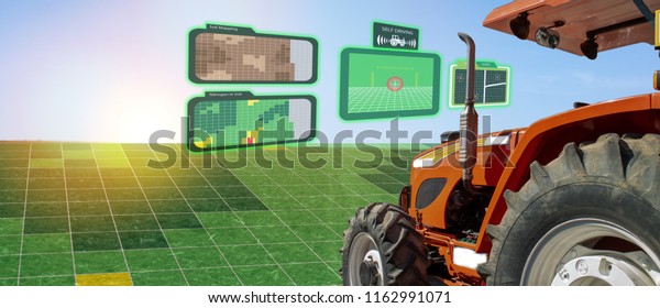iot smart industry robot 4.0 agriculture\
concept,industrial agronomist,farmer using autonomous tractor with\
self driving technology , augmented mixed virtual reality to\
collect, access, analyze\
soil