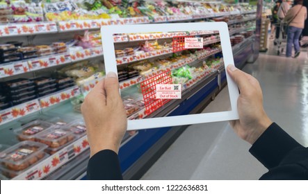 Iot Smart Retail In The Futuristic Concept, The Retailer Hold The Tablet And Use Augmented Reality Technology Monitor Data Of Out Of Shelve, Price, Planogram, Campaign Of Compliance In The Real Time