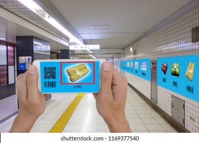 iot smart retail futuristic technology concept, man use smart phone to scan barcode qr code to buy the product in interactive virtual grocery store  at airport , train station and it delivery at home