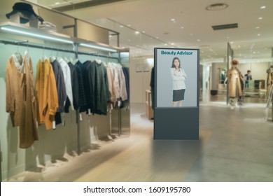 Iot Smart Retail Futuristic Technology Concept, Smart Digital Signage Display With Virtual Or Augmented Reality In The Shop Or Retail Advice To Choose Select ,buy Cloths And Give A Rating Of Products 