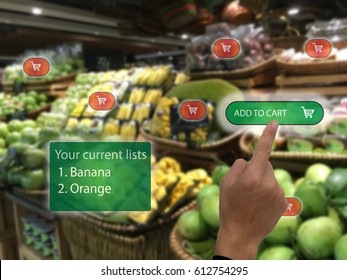 Iot,internet Of Things Marketing Concepts, Customer Use Augmented Reality To Buy The Product By Use Ar Application To Add To Cart Display At Retail And Show The Current List Display In Real Time