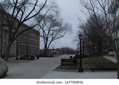 Iowa City, IA, USA - March 16, 2020: An Empty University Of Iowa Campus Amidst The Coronavirus Pandemic.