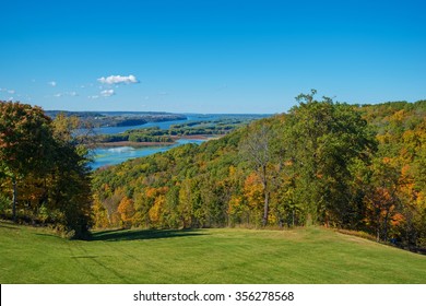 Iowa And Illinois Mississippi River States Border. Scenic Iowa And Illinois Landscape.