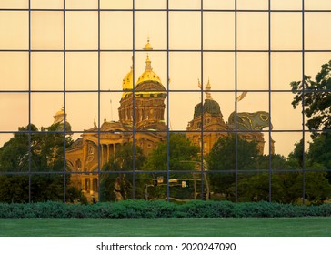 Iowa State Capitol Reflection In The Windows Of The Henry A. Wallace Building At 502 E 9th Street In Des Moines, Iowa On July 29, 2021