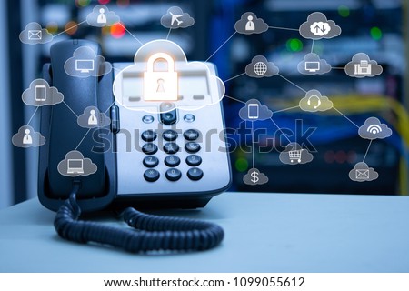 IP Telephony cloud services concept, ip phone device on blurred data center and connection of cloud services icon