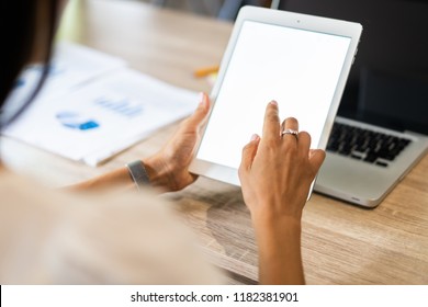 Ipad Holding By Working Woman Person. Lifestyle With Modern Woman Using Tablet Or Ipad With Hand Holding Touchscreen. Hands Of Working Woman With Smart Tablet Reading Online Website . Business Concept