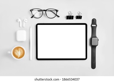 IPad Pro With White Screen, Apple Pencil And Apple Watch On White  Color Background. Flatlay. Office Background
