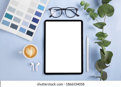 IPad Pro With White Screen, Apple Pencil And Apple Watch On White  Color Background. Flatlay. Office Background