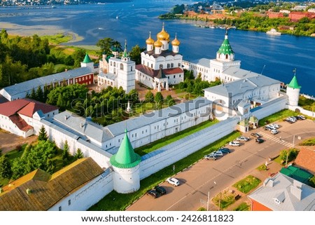 Ipatievsky Monastery or Ipatiev Monastery or Hypatian aerial panoramic view. Ipatievsky is a male monastery on the Kostroma river bank in Kostroma city. 