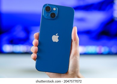 iPhone 13 in blue. Manhattan, New York, USA September 25, 2021.