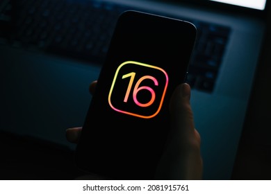 IPhone 13 Pro With IOS 16 Logo On The Screen Close Up, New Operating System 2021 On Apple Devices. Rostov-on-Don, Russia - November 20 2021