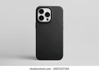 iPhone 15 Pro in black phone case back view isolated on grey background, phone case mock up for 14 Pro max
