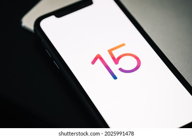 iPhone with iOS 15 logo on the screen close up, new operating system 2021 on apple devices. ROSTOV-ON-DON, RUSSIA - August 15 2021