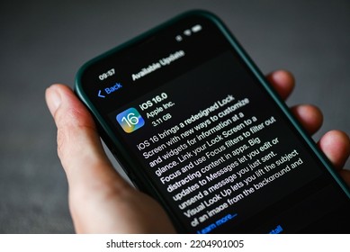 IPhone With IOS 16 Logo On The Screen Close Up, New Operating System 2022-2023 On IPhone Apple Devices Sub Version Ios 16 For Download Updates : Bangkok, Thailand - September 22 2022