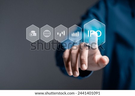IPO, Initial public offering concept. Businessman touching IPO word with icons on virtual screen for boosting the growth by IPO process.
