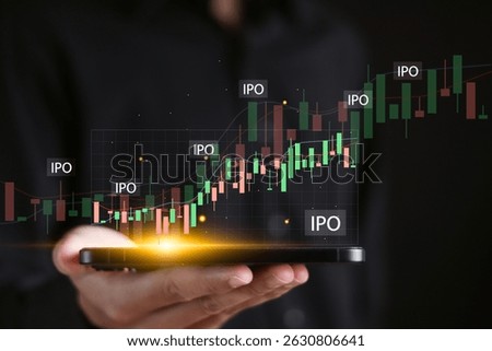 IPO, Initial public offering concept. Businessman using smartphone with virtual IPO word with stock graph for boosting the growth by IPO process.
