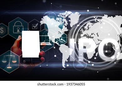 IPO (Initial Public Offering) Finance Business Concept. Businessman Touched Ipo Icon On Virtual Trading Screen. Financial Trade Exchange Investment And Strategy Technology