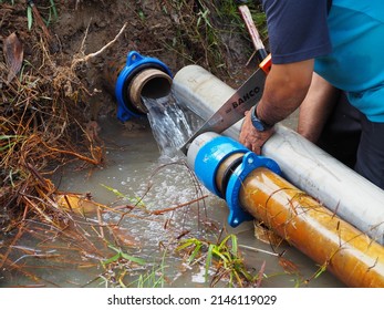 Ipoh, Malaysia. 5 Feb 2022: Leaking UPVC main pipe needs immediate repair to ensure consumers get adequate clean water supply