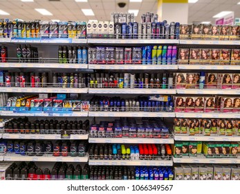 Ipoh Malaysia, Apr 7, 2018. Personal Grooming Products Placed Side By Side, For Male And Female Consumers, On Display Shelves In A Supermarket