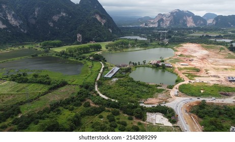 Ipoh, Malaysia - Drone Aerial View Of Mining Ponds (now Used For Aqua Farming) And Limestone Hill 