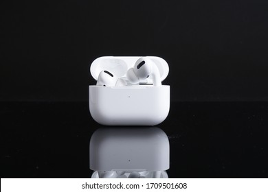 Ipoh, Perak, Malaysia, 20 April 2020 - Apple Airpods Pro isolated against black. The new airpods pro features active noise cancelling and transparency.