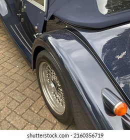 Ipswich, Suffolk, UK - 25 May 2022: Navy Blue Morgan Roadster Classic Car.