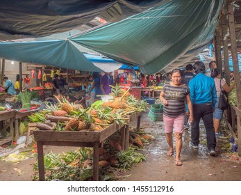 Iquitos, Peru - December 06, 2018: Market With Various Types Of Meat, Fish And And Fruits. Belen Market. Latin America. Belén Mercado.