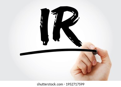 IR Interest Rate - Amount Of Interest Due Per Period, As A Proportion Of The Amount Lent, Deposited, Or Borrowed, Acronym Text Concept With Marker