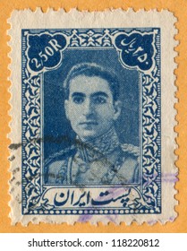 IRAN - CIRCA 1939:  stamp printed in IRAN shows portrait of Mohammad Reza Shah Pahlavi, Scott catalog 895 A68 2,500R (dark blue), circa 1939
