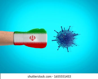 Iran Fight Against Corona Virus / Coronavirus Concept. Iran Flag Boxing Golves Fight With Virus.