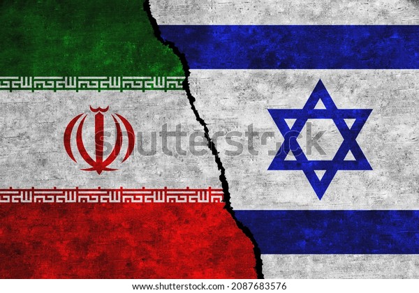 Iran\
and Israel painted flags on a wall with a crack. Israel and Iran\
conflict. Iran and Israel relations. Iran vs\
Israel