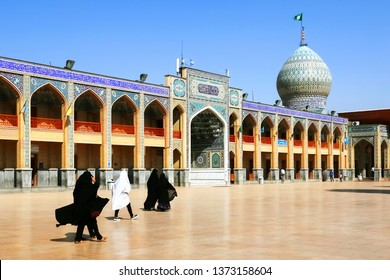 Iran, Shiraz, Mausoleum Shah Cheragh - September 17, 2016: Local People In The Mausoleum Shah Cheragh.  Traditional Iranian Architecture.