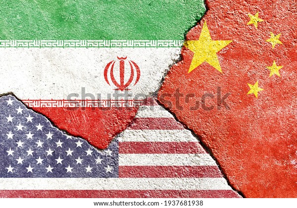 Iran VS China VS USA national flags icon on\
broken weathered cracked wall background, abstract Iran China US\
politics economy relationship divided conflicts concept pattern\
texture wallpaper