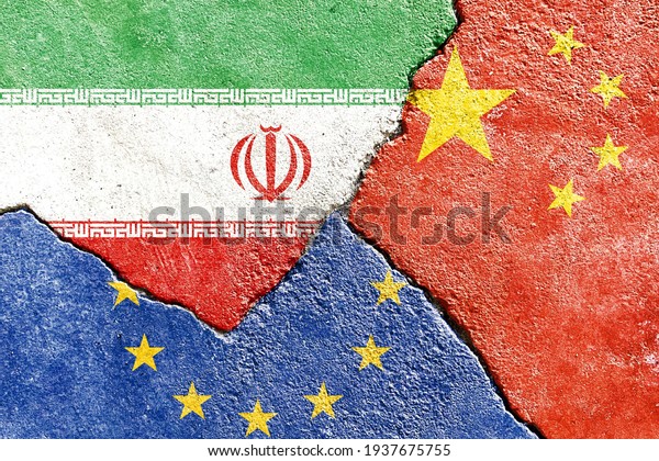 Iran VS EU VS China national flags icon on\
broken weathered cracked wall background, abstract Iran Europe\
China international countries relationship conflicts concept\
pattern texture wallpaper