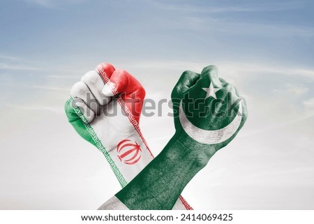 Iran vs Pakistan war, crisis, country flags and fist