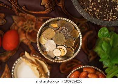 Iranian Coins In The Coopered Plate For “Haftsin Or Noruz”, An Iranian Traditional, Cultural Feast