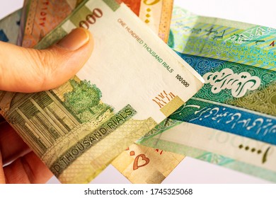 Iranian Rial (IRR). Close-up detail of banknotes.  Top view. - Shutterstock ID 1745325068