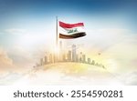 Iraq flag wavering on blobe with modern building skyline. Flag waving on world map. Iraq national flag for independence day.