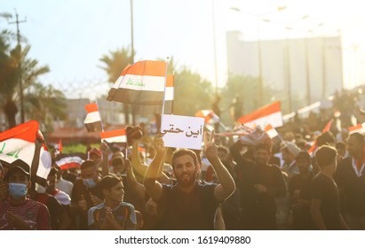 Iraq Najaf  18 11 2019
An Iraqi Youth Raises A Banner Where Are My Rights Among Protests Against The Iraqi Government  